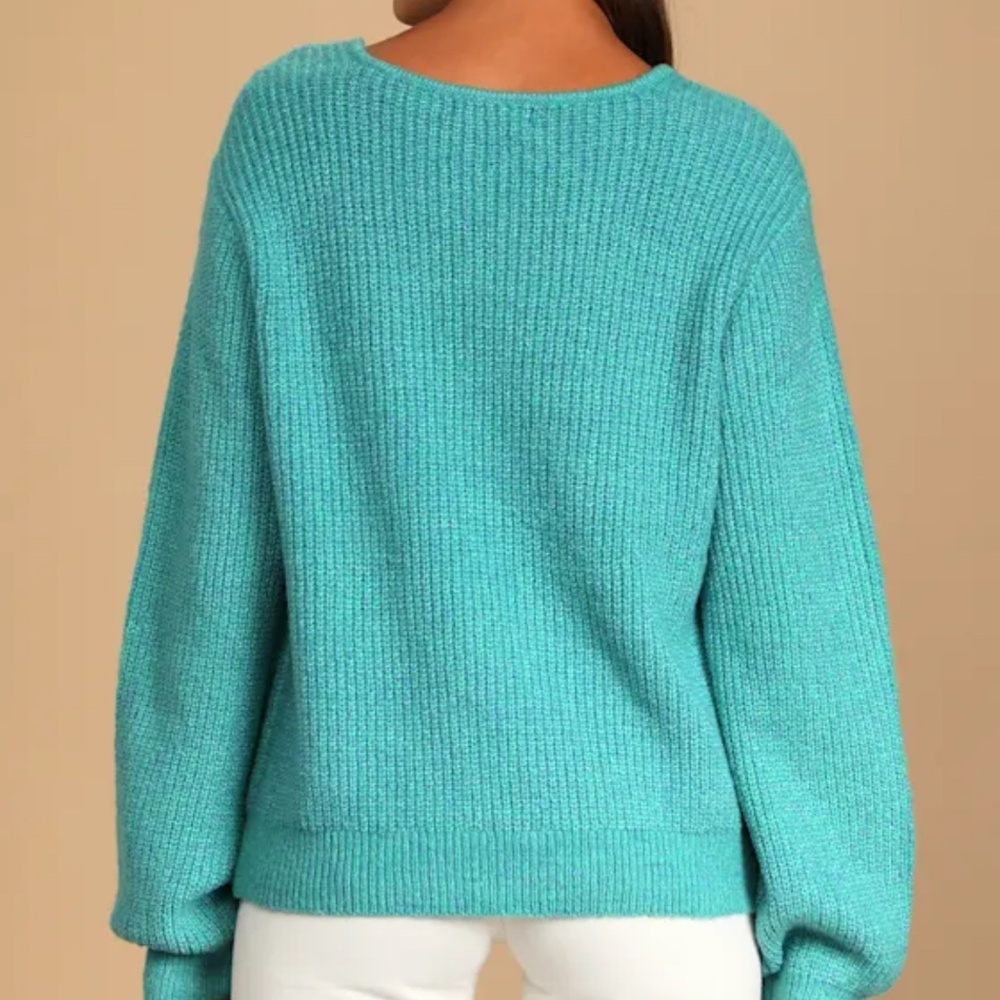 Lulus Change Things Up Teal Multi Knit V-neck Sweater Blue - Size S - Picture 5 of 8